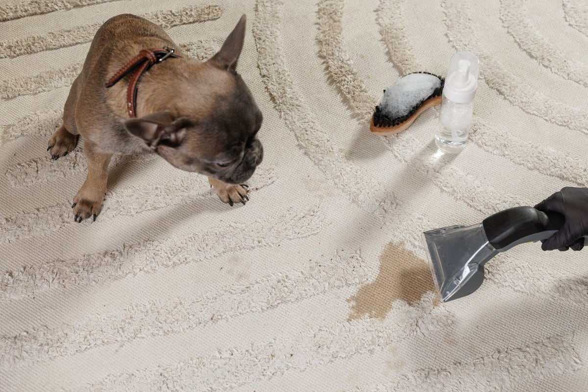 Professional carpet washer cleans pet accident near small dog on beige rug helping remove odor and protect home hygiene