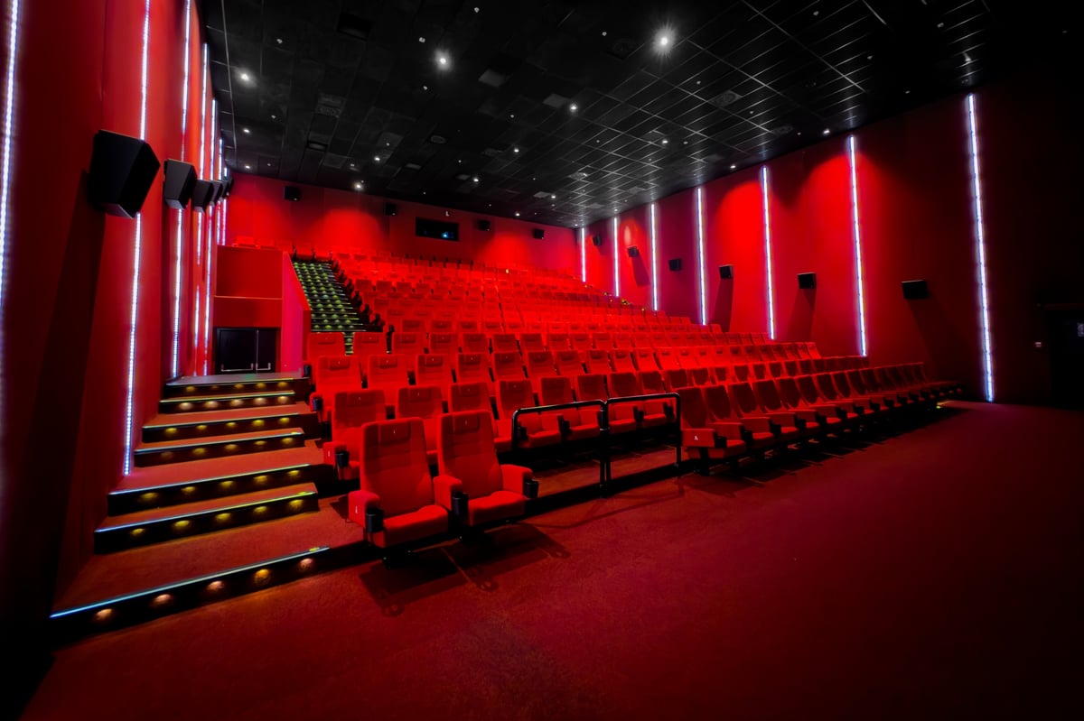 Photo of empty seats inside a movie theater. Rows of vacant cinema chairs in a dark auditorium before or after a screening concept image.